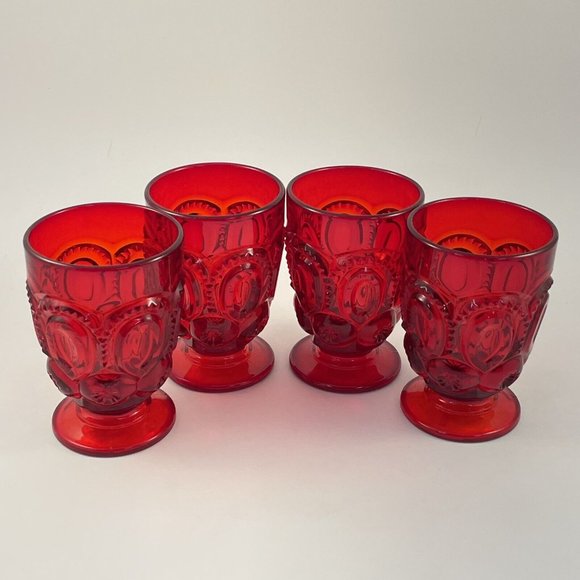 Vintage LE Smith Moon and Stars Ruby Red Footed Tumblers, 6 oz Set of 4 Tumblers - Picture 3 of 9